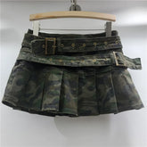 Camouflage skirt with belt on a hanger against a white background